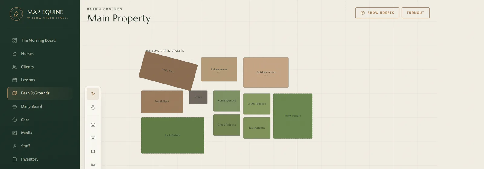 The property map — barns, stalls, paddocks, and arenas